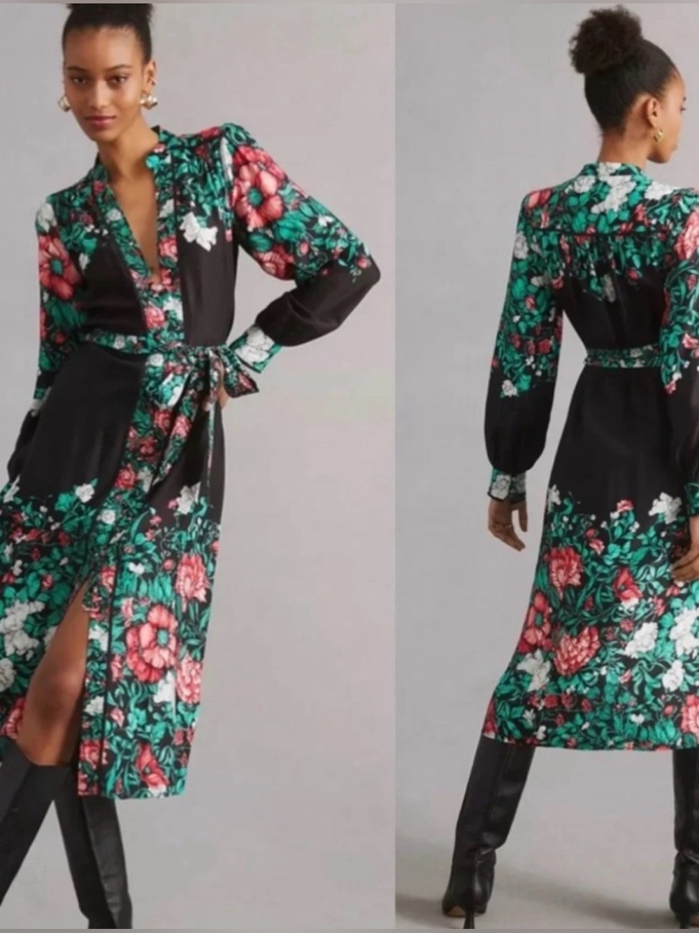 NWT By Anthropologie Black Red Green Floral Tie-Waist Midi Dress XL